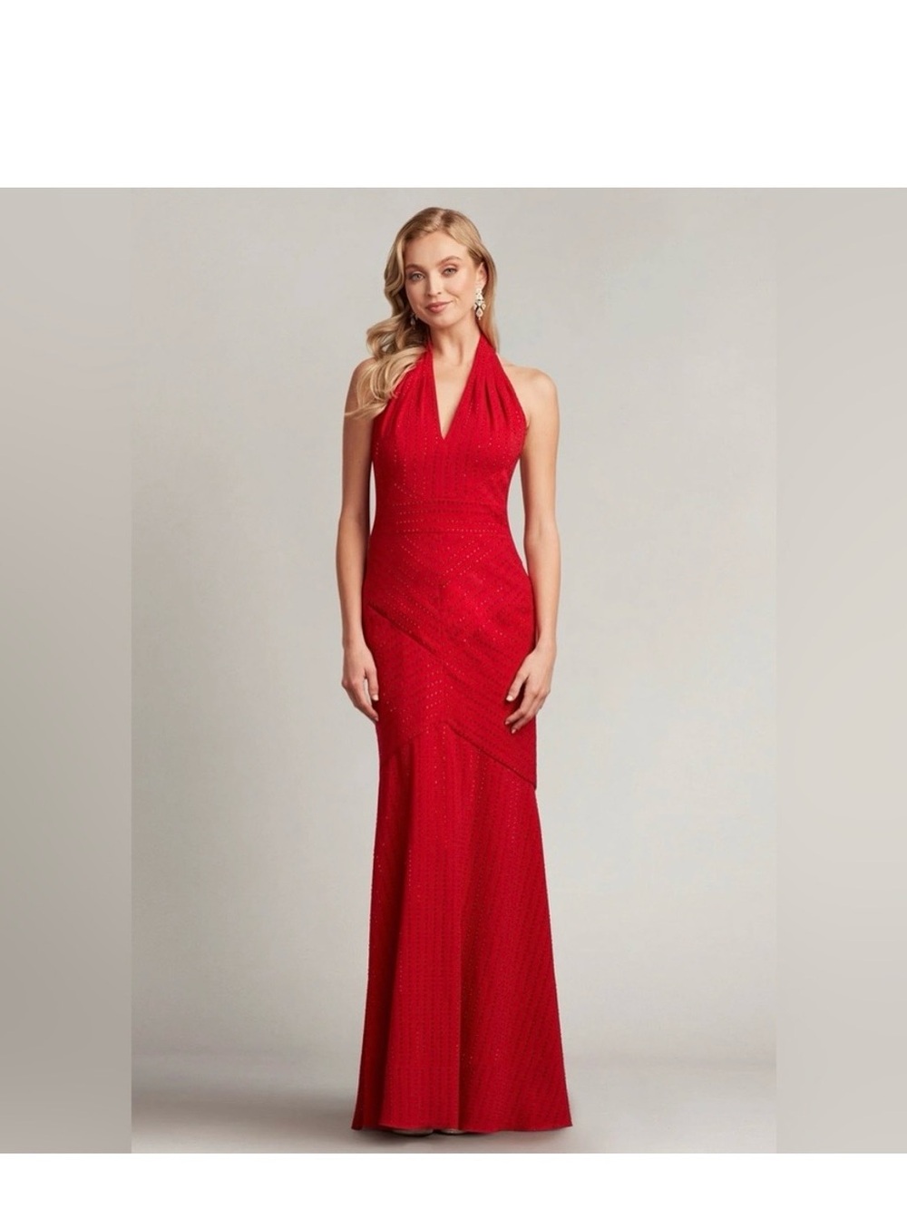 Tadashi shoji vanie diamanté plunge halter gown lava red -L-